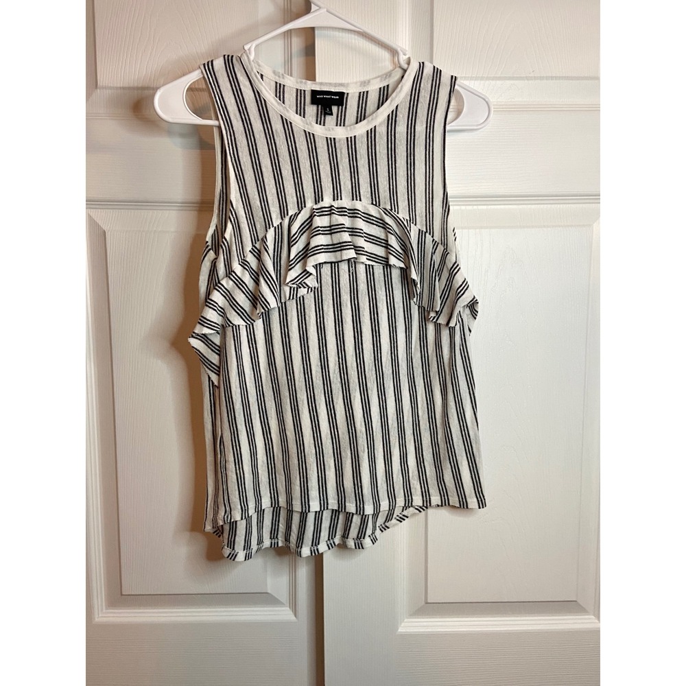 Who What Wear Womens Striped Ruffle Sleeveless Top Black White Small Metallic